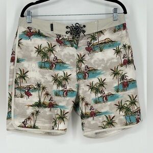 Hurley boardshorts with a tropical print and a lace-up front closure